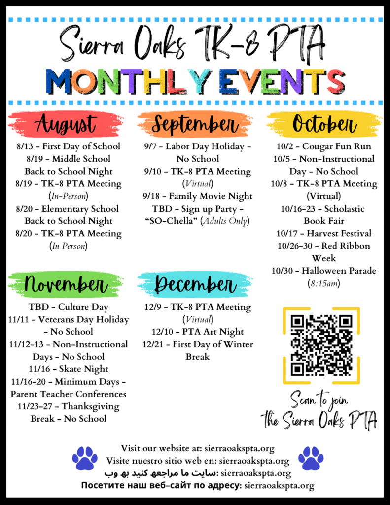 August to December 2026-2027 PTA Monthly Events Calendar
