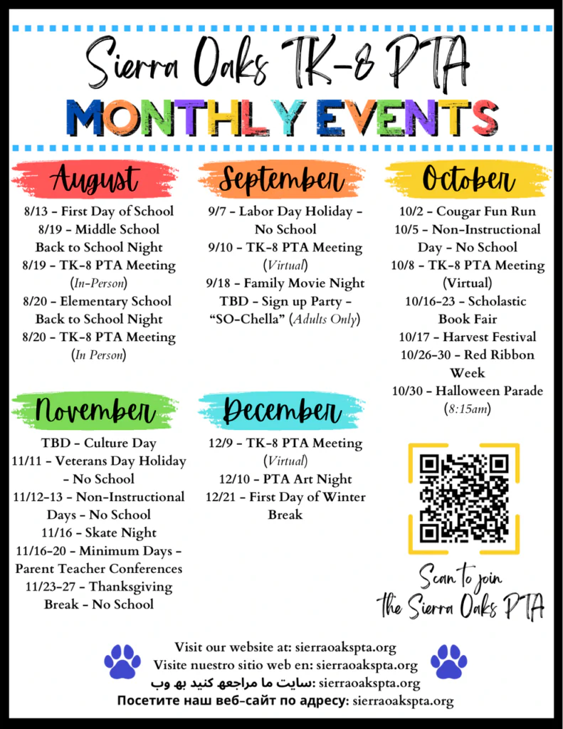 August to December 2026-2027 PTA Monthly Events Calendar